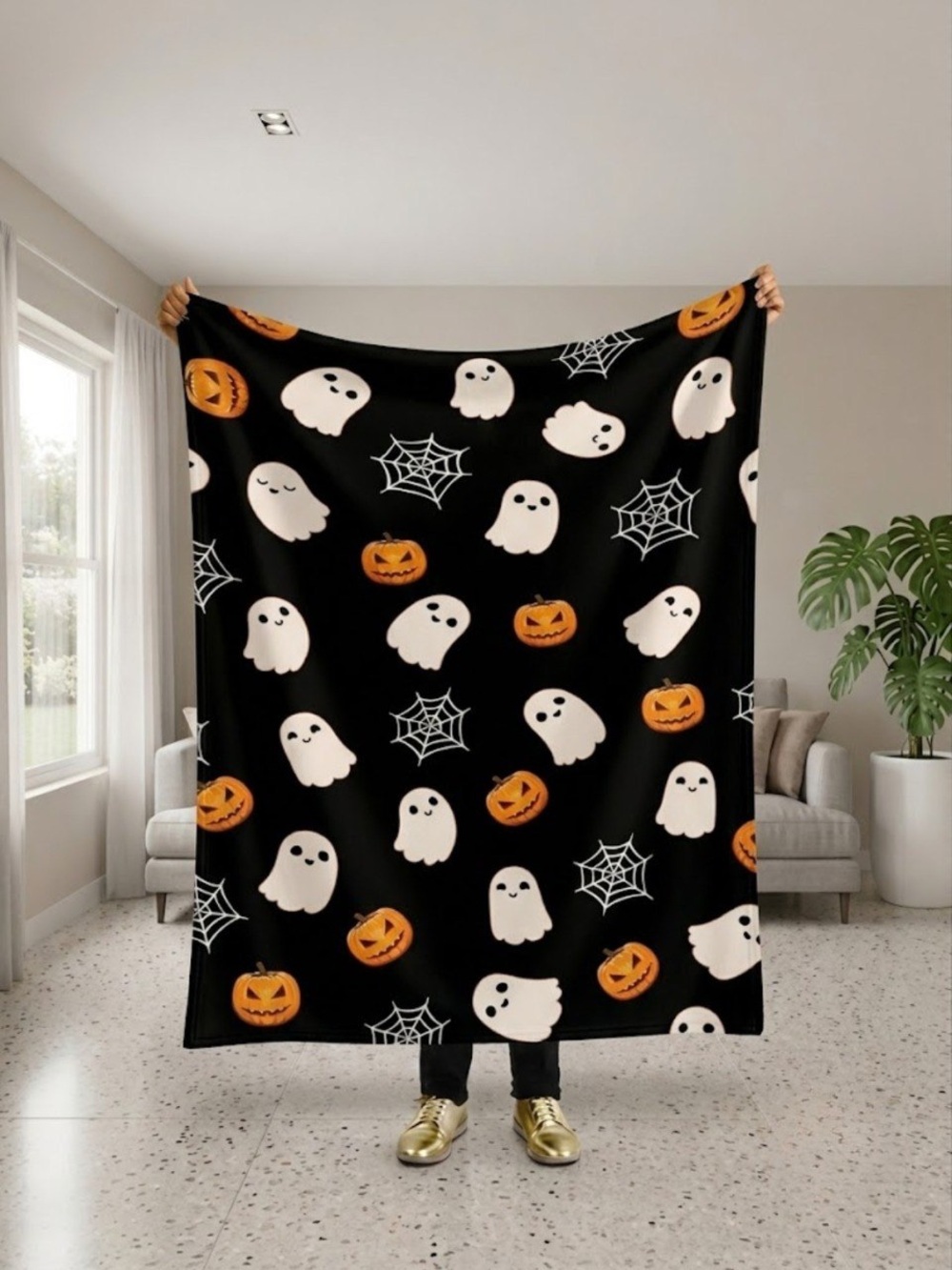 Halloween Ghost & Pumpkin Throw Blanket - Black